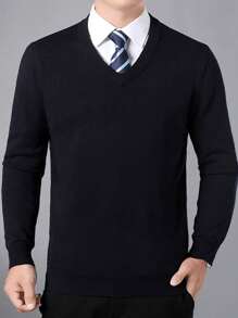 Men's Solid Color V-Neck Long Sleeve Sweater, Casual & Comfortable Base Layer Top, Spring/Autumn