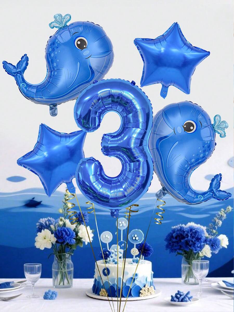 5pcs Blue Whale Theme Balloon Set, Including Blue 0-9 Number Foil Balloons, Blue Star And Blue Whale Balloons, Suitable For Boy Or Girl Birthday Decoration, Baby Shower, Ocean Theme - Multicolor - View 1
