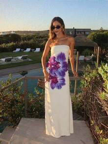 Women Floral Printed Beach Vacation Casual Elegant Sexy Summer Dress - Purple - View 1