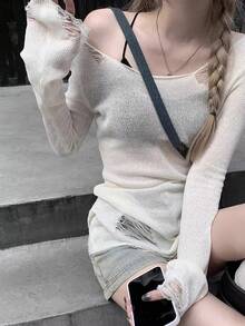 Women's Casual Solid Color Distressed Vintage Scoop Neck Sweater, Spring/Autumn White - White - View 7
