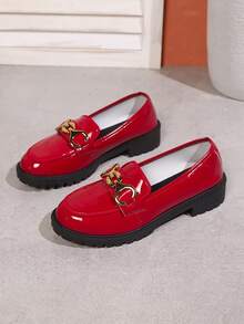 Women's Fashion Bow Decor Loafer Shoes, Shiny Metal Buckle, School Style Flat Shoes - Red - View 6