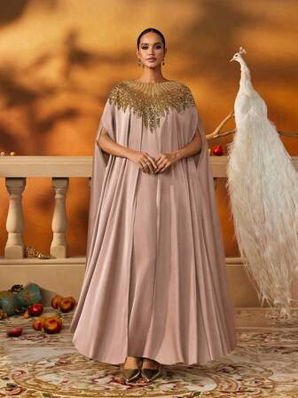 AmazingHoney 奢华端庄卡夫坦长袍，金色亮片装饰，缎纹面料，派对长袍，卡夫坦长袍，长袍长袍（超大尺码 - 请查看尺码表）