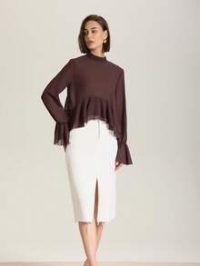 Women's Layered Bow Decor Sheer Round Neck Blouse Spring - Brown - View 6
