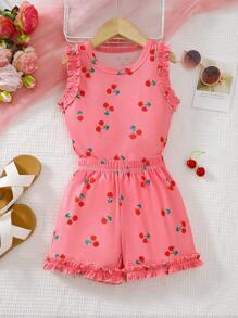 2pcs Summer Sleeveless Set Young Girl Cute Fruit Pattern Tank And Outdoor Summer Outfit