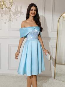 Off Shoulder Bowknot Satin Short Dress Sequin Ball Gowns Evening Dresses A-Line Homecoming Dresses For Graduation, Party - Baby Blue - View 9
