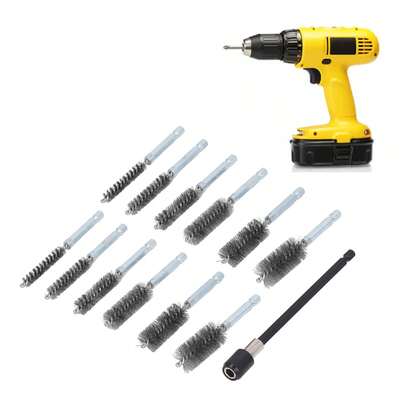 Juego de 13 cepillos de limpieza para taladros de 8 mm, 10 mm, 12 mm, 15 mm, 17 mm y 19 mm de diámetro, con vástago de 1/4 pulg. y varilla de extensión de 15 cm y alambre de acero.