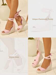 女士坡跟厚底波西米亚风编织露趾防水罗马凉鞋，粉色高跟凉鞋，春夏穿搭 - 粉色 - 查看 10