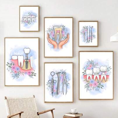 1 pieza Pintura en lienzo de pared con arte de la anatomía del diente, caduceo floral como regalo para dentistas, pósteres e impresiones de arte de pared para decoración de clínica, con opción de marco