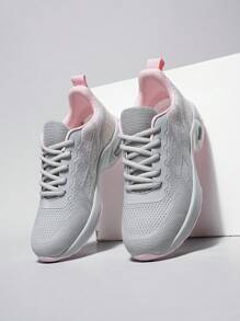 Women's Light Pink Grey Round Toe Lace Up Sneakers Breathable Shock-Absorbing Casual Shoes