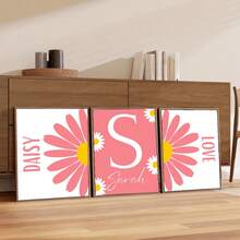 3pcs/Set Personalized Name Wall Art Posters - Customized Pink Daisy Nursery Decor Set For Girls | Custom Name Floral Wall Art For Living Room, Bedroom, Kitchen Decor - Unique Gift Idea Unframed Indoor Art Prints Gifts Birthday Graduation