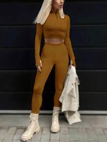 3 piezas de Conjuntos de Yoga sin costuras para mujer, pantalones deportivos de cintura alta con realce de cadera, traje sin espalda de manga larga, ropa de entrenamiento, pantalones cortos de gimnasio - Café integral - Ver 5