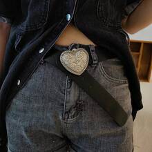 1 chiếc thắt lưng khóa trái tim thời trang, thắt lưng quần jeans nữ họa tiết nổi Y2K của Mỹ, màu đen - A - Xem 4
