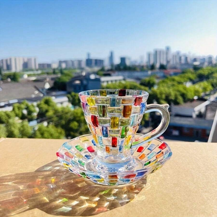 4pcs Stained Glass Small Coffee Mug Rainbow Light Square Coffee Mug With Saucer - màu sắc - Xem 1