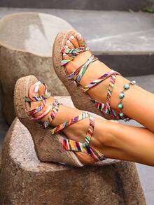 Sandal đế xuồng quai ngang bằng nút bần mềm mại dành cho nữ mùa hè - Thiết kế hở mũi, gót cao, đế dày, màu kaki, sandal đế cao, phụ kiện đi biển thường ngày, sandal dệt (màu ngẫu nhiên), phụ kiện du lịch thiết yếu - Nhiều màu - Xem 3