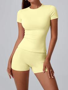 NcmRyu Women's Sweet Sports Short Sleeve High Waist Tummy Control Butt Lifting Shorts Set