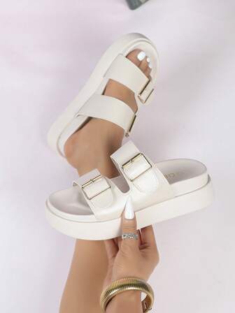 女士厚底坡跟凉鞋，杏色防水厚底高跟拖鞋，双层厚底沙滩鞋，时尚户外扣带