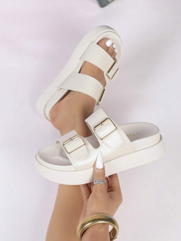 Women's Platform Wedge Thick Bottom Sandals, Apricot Waterproof Thick Sole High Heel Slippers, Beach Shoes With Double Layer Thick Sole, Fashion Outdoor Buckle Strap