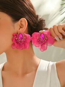 波西米亚风格布艺花朵耳环女款仿宝石花卉大耳钉适合派对舞会海边度假珠宝
