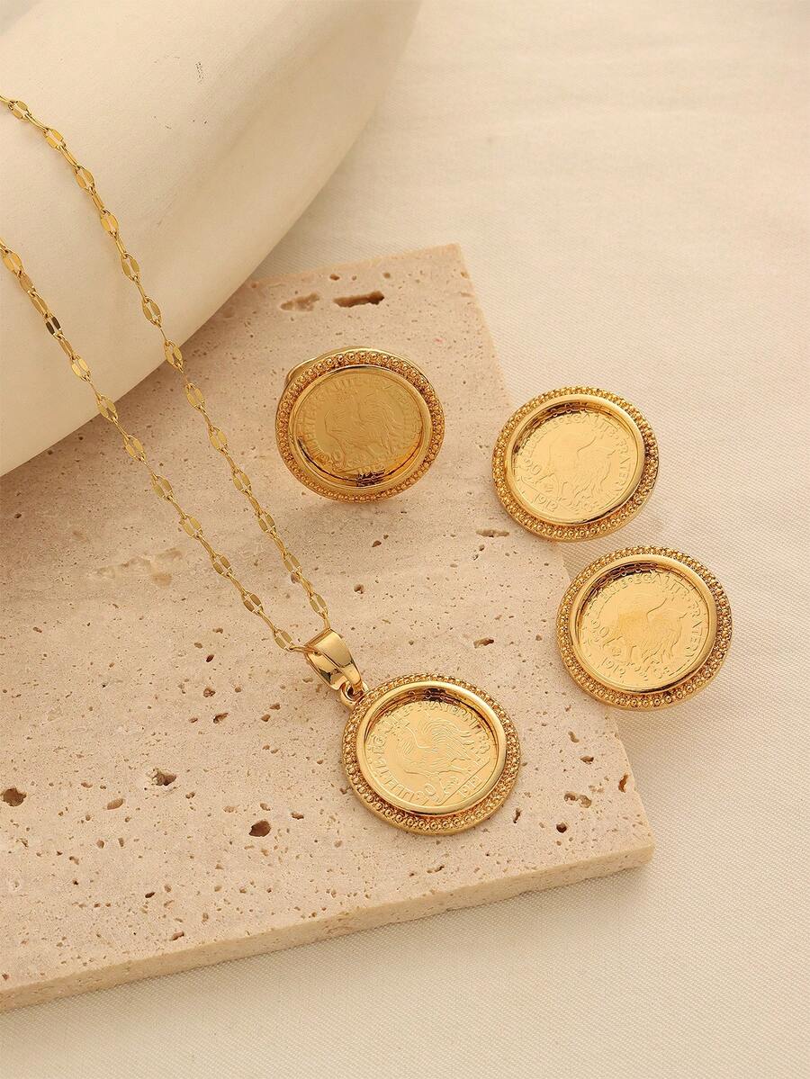 1 Set de Joyas de Colgante, Aretes, Anillo y Collar de Aleación de Cobre Vintage Chapado en Oro, Adecuado para Uso Diario de Mujeres, Regalo de Vacaciones - Amarillo Oro - Ver 1
