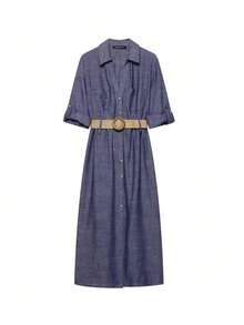 Women's New Fashionable Style Lapel Rolled Sleeve Single Breasted Shirt Style Long Dress - Blue - View 1