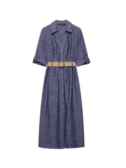 Women's New Fashionable Style Lapel Rolled Sleeve Single Breasted Shirt Style Long Dress