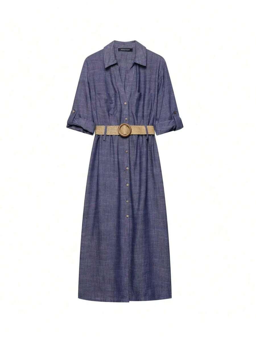 Women's New Fashionable Style Lapel Rolled Sleeve Single Breasted Shirt Style Long Dress - Blue - View 1