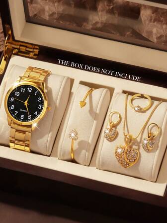 6pcs Fashionable And Versatile Women's Quartz Watch, Round Roman Dial Surface, Gold Steel Strip, Paired With Heart-Shaped Diamond Bracelet, Necklace, Earrings, Ring Jewelry Combination Set, Suitable For Daily And Holiday Wear, Gift Giving