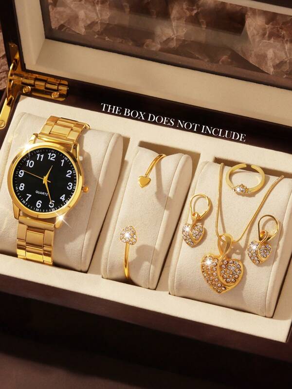 6pcs Fashionable And Versatile Women's Quartz Watch, Round Roman Dial Surface, Gold Steel Strip, Paired With Heart-Shaped Diamond Bracelet, Necklace, Earrings, Ring Jewelry Combination Set, Suitable For Daily And Holiday Wear, Gift Giving