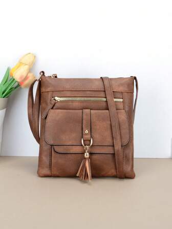 Vintage Solid Color Women Shoulder Bag, Metal Decor PU Leather Square Crossbody Bag With Adjustable Strap And Handbag, Suitable For Daily Use And Holiday Gifts