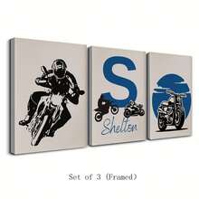 3pcs Set Custom Canvas Wall Art - Personalized First Initial Name, Personalized Motorcycle Theme Wall Art Set - Black & Blue Customizable Prints For Boy's Room High Quality Material, Unique Gift Idea Gifts Birthday Graduation Optional Frame