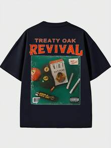 Music - Style Black T - Shirt, Orange "REVIVAL" Typography On Front, Orange "TREATY OAK REVIVAL" Typography With Pool Balls, Cigarettes And Other Graphic Combinations On Back, 100% Cotton 220g Double - Sided Printed - màu đen - Xem 3