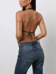 Women Open Front Halter Tops Y2k Floral Deep V Neck Slim Fit Tank Top Sleeveless Backless Camisole Crop Tops Summer Vests Shirts Going Out Tops Vinatge Aesthetic Clothes Party Streetwear - 綠色 - 查看 2