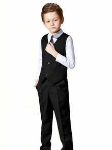 男童四件套西装套装幼儿燕尾服礼服结婚礼服背心裤子衬衫领带儿童黑色尺码 6-14 岁 - 黑色 - 查看 6
