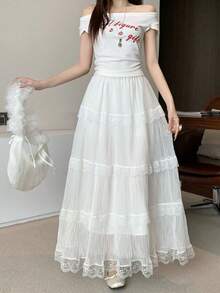 高腰蕾丝边网纱喇叭裙，休闲百褶裙，百搭显瘦，2026春夏款 - 白色 - 查看 5