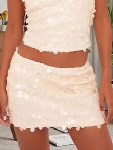 Mini Sequin Skirt For Women Sexy Stretchy Pencil Bodycon Night Out Party Club Sparkly Skirts - 米色 - 查看 2