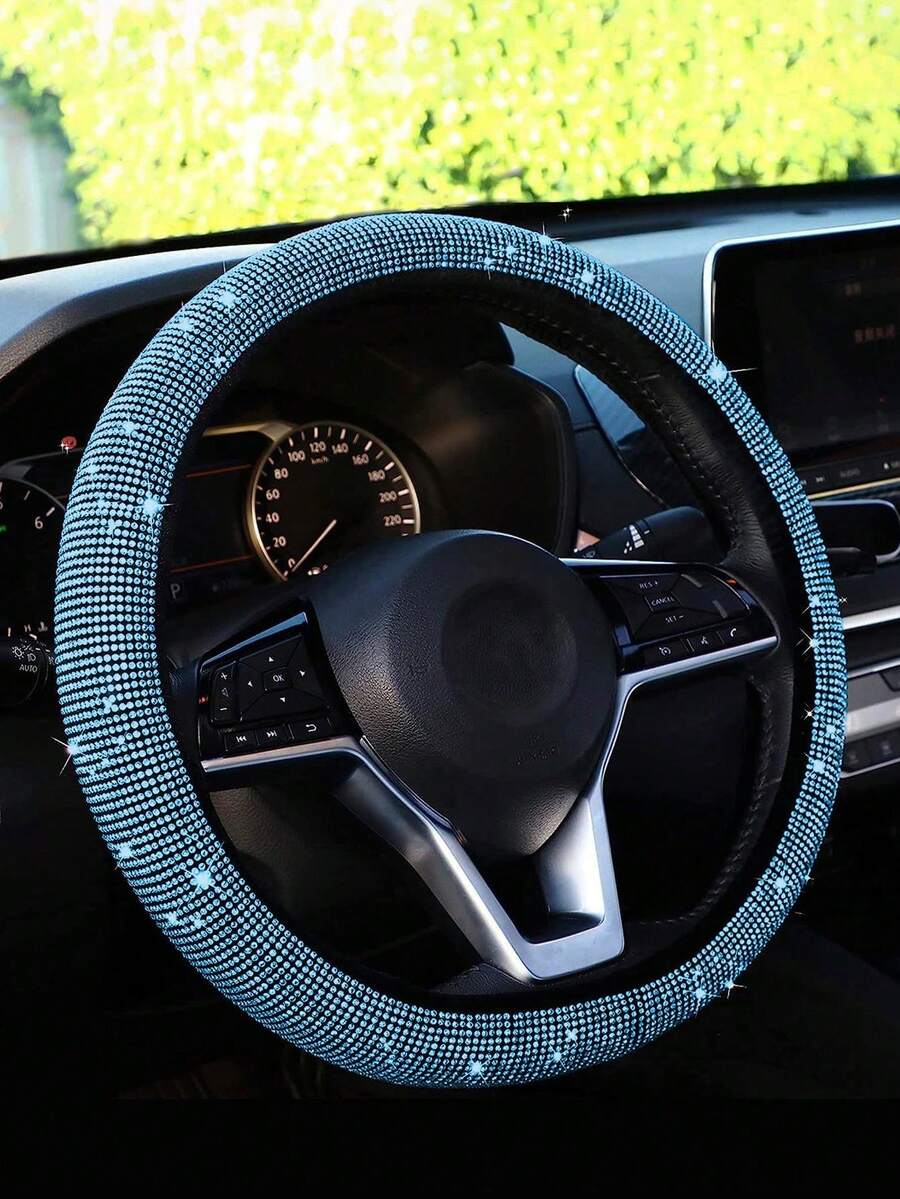 1pc Shiny Sky Blue Rhinestone Steering Wheel Cover With Crystal Diamond Sparkle, Breathable Non-Slip Steering Wheel Protector (Fits 14.2"-15.3" Inch) Car Accessories Essential - Multicolor - View 1