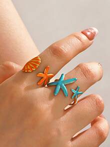 2 件套不锈钢彩色珐琅海星和贝壳开口戒指套装，适合女性日常海滩佩戴 - 彩色 - 查看 3