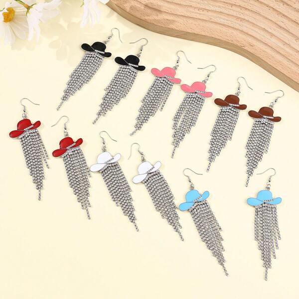 1 par de aretes de denim con flecos y aplicaciones de strass