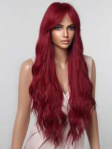30英寸波浪卷发假发，8字形刘海，酒红色长卷发假发，耐热合成纤维假发，完美贴合女性，适合度假、派对和日常佩戴。 - 酒紅色 - 查看 5