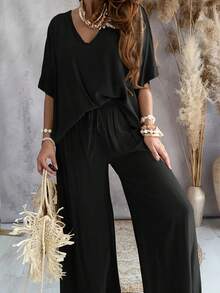 Women's Spring/Summer Clothing Solid Color V-Neck Bat Sleeve Casual Simple Loose Wide Leg Pants Set - 黑色 - 查看 1
