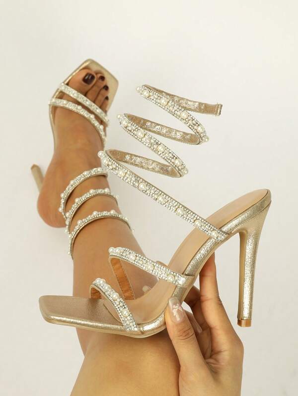 1 Paar Damenschuhe mit hohem Absatz, Schlangenmuster, modischer eleganter Stil für Nachtclub, chinesische Hochzeit, westliche Hochzeit, sexy Party, Kunstleder mit Schnürung, Perlen- und Strass-Dekor, geeignet für Hochzeit, Party, Frühling/Sommer/Herbst