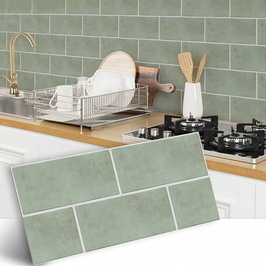 11.81in*5.91in Dark Green Faux Brick Pattern Wall Sticker, Thickened Waterproof Decorative Brick Pattern Wall Sticker, Removable And Washable For Kitchen, Bathroom, Industrial Style - Green - View 1