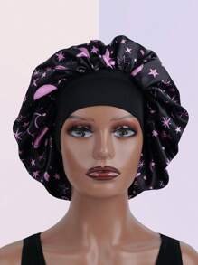 1 Stück Satin Bonnet mit Sternenmuster und Mond Personalisierung, breiter elastischer Satincap Nachtmütze
