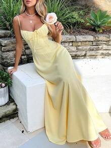 PoPoHouse 女士长裙，优雅性感波西米亚风沙滩度假黄色派对吊带裙，情人节女装，春夏女装 - 黃色 - 查看 3