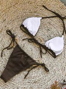Women's Solid Color Halter Tie Sexy Metal Decor Bikini Swimsuit Set, Summer Beach