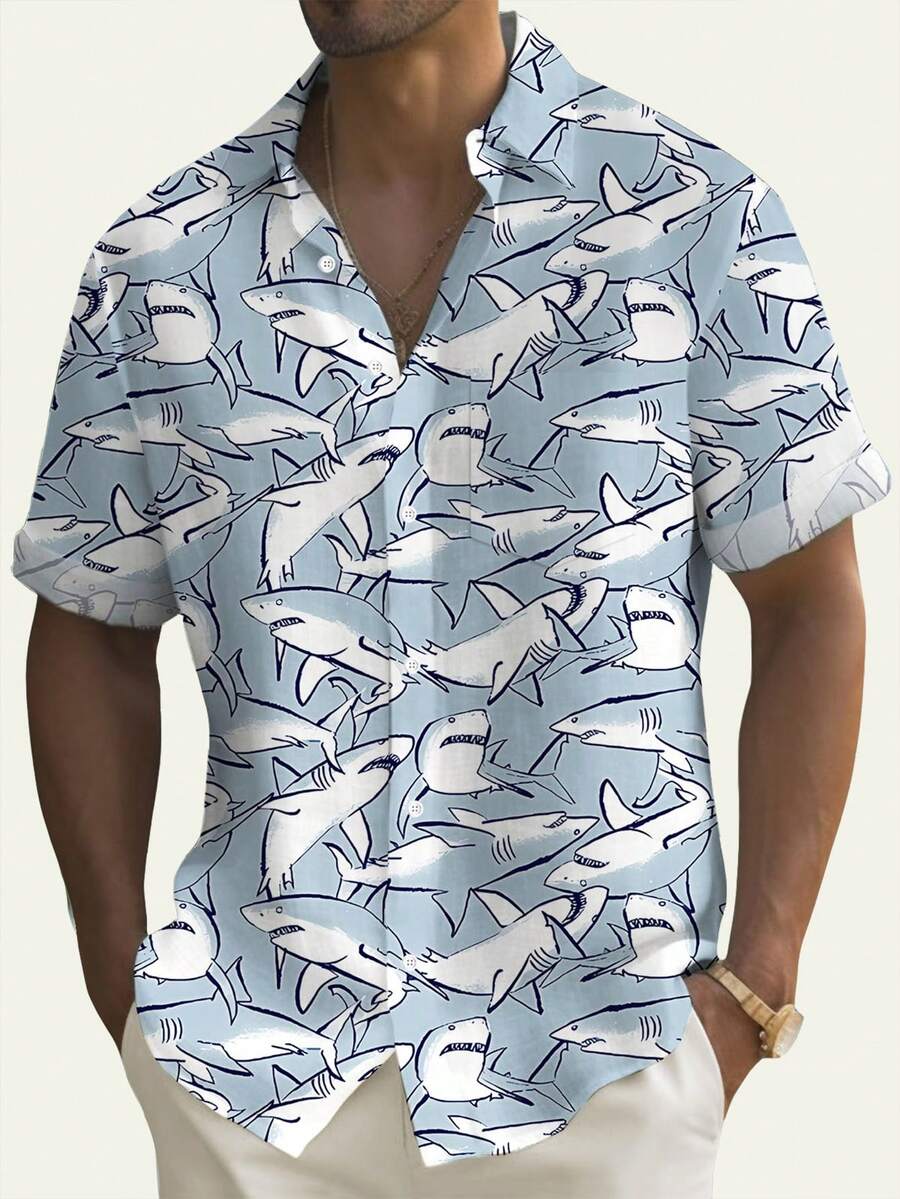 Camisa de manga corta con botones y estampado digital 3D de tiburón oceánico para hombres de talla grande - Celeste - Ver 1