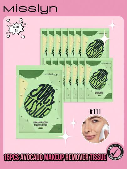 Misslyn 15 قطعة من مناديل مزيل المكياج بالأفوكادو، مناديل تنظيف عميق ناعمة ومريحة، مناديل مزيل للمكياج لمرة واحدة للوجه والعيون والشفاه، تزيل بسهولة الأساس والأحمر الشفاه والأحمر والآيلاينر والحواجب والماسكارا، نباتية وخالية من التجارب على الحيوانات، هدية رائعة لعيد الحب