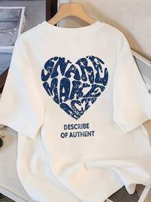 女式白色短袖 T 恤，宽松圆领百搭心形印花上衣，夏季