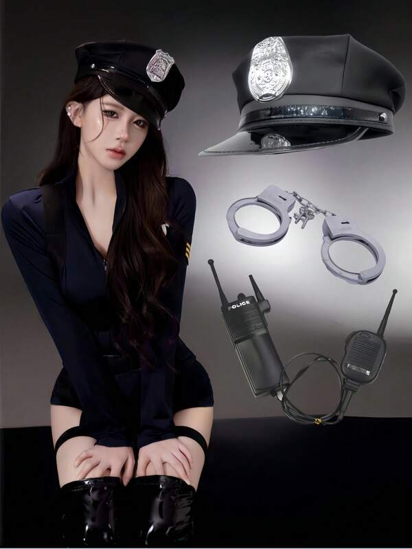 Women's Cosplay Role Play Costume, Sexy Officer Uniform For Party, Performance, Plastic Toy Walkie-Talkie, Whistle, Hat, Necklace Accessories Halloween