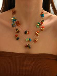 1pc Women's Multi-Layer Bohemian Holiday Resin Stone Necklace (Random Resin Color) - Multicolor - View 2